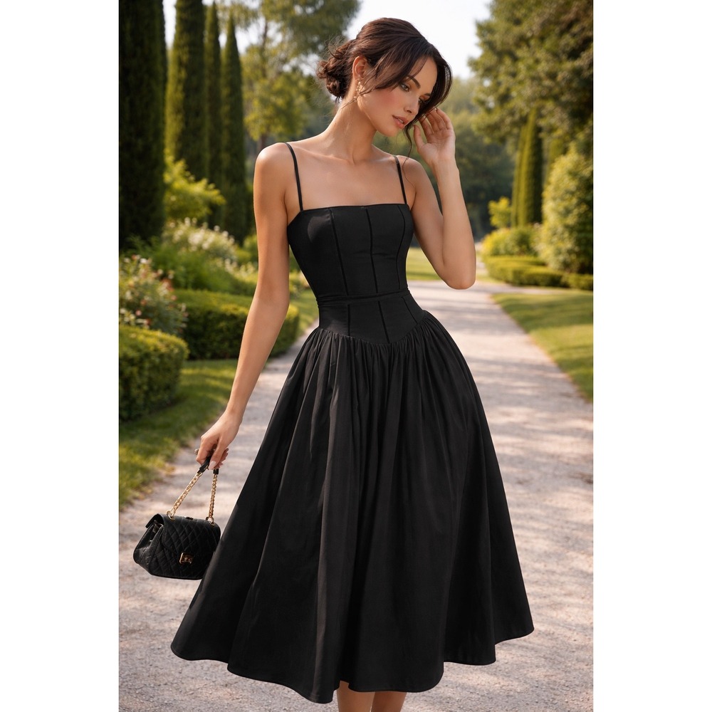 Commense Black Midi Dress Sleeveless Fit and Flare Party Cocktail Dress XS